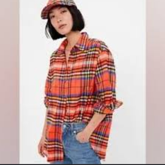 GAP - Button-Up Flannel Big Shirt 439301: Orange Tartan Plaid Red: Medium Petite - Picture 2 of 15